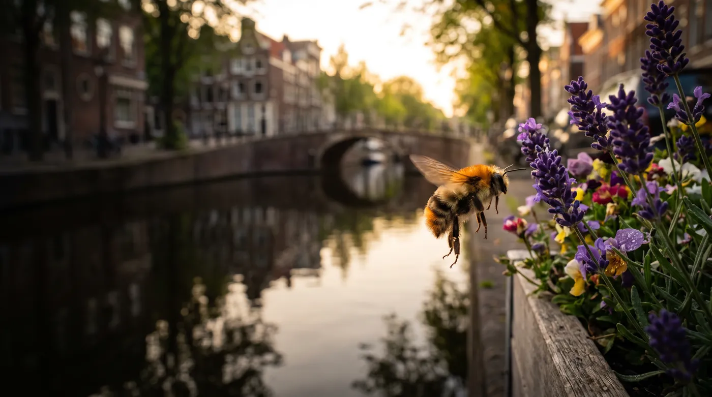 Bumblebee flying towards lavender beside an Amsterdam canal