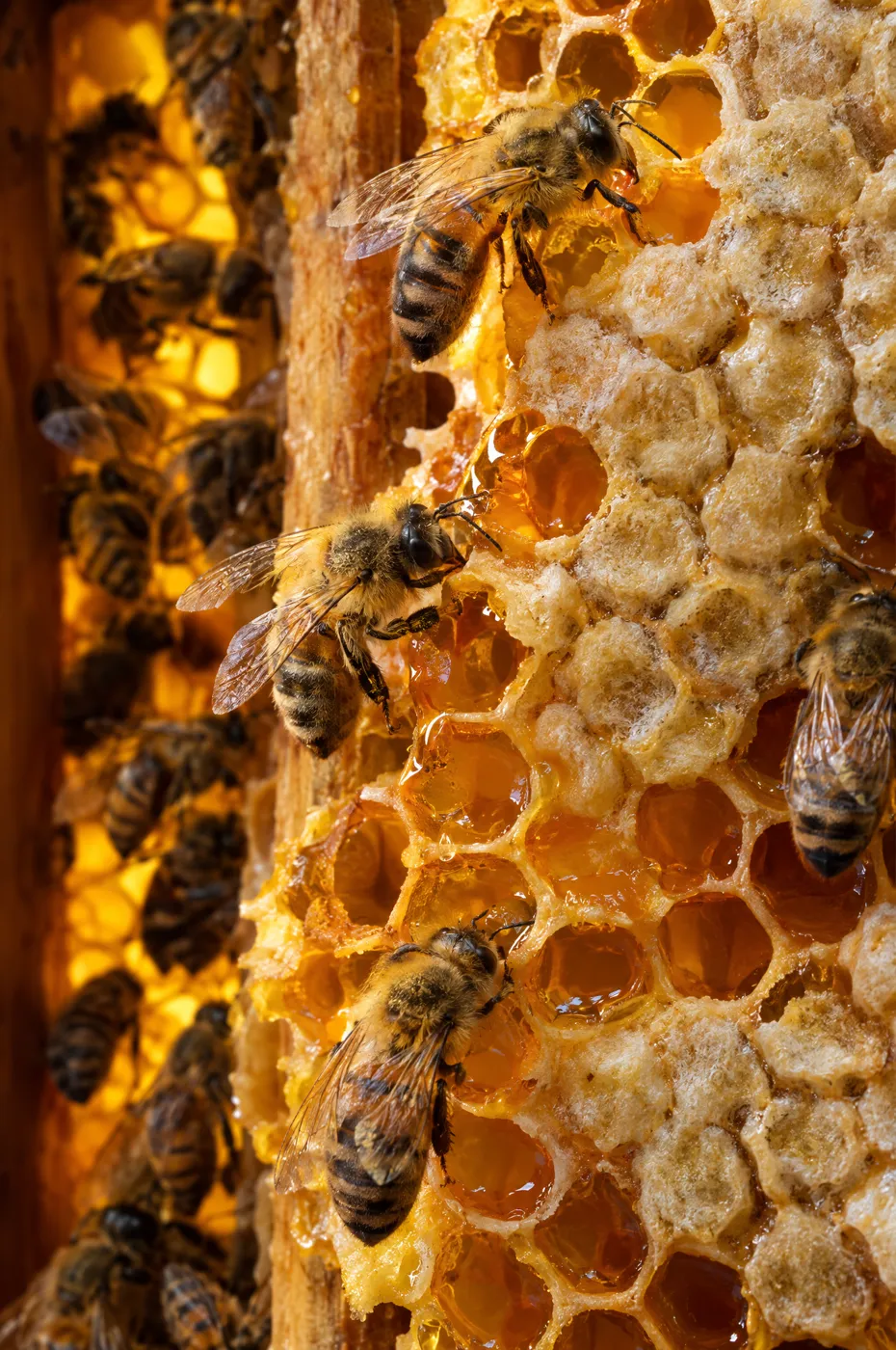 Honeybees working on golden honeycomb