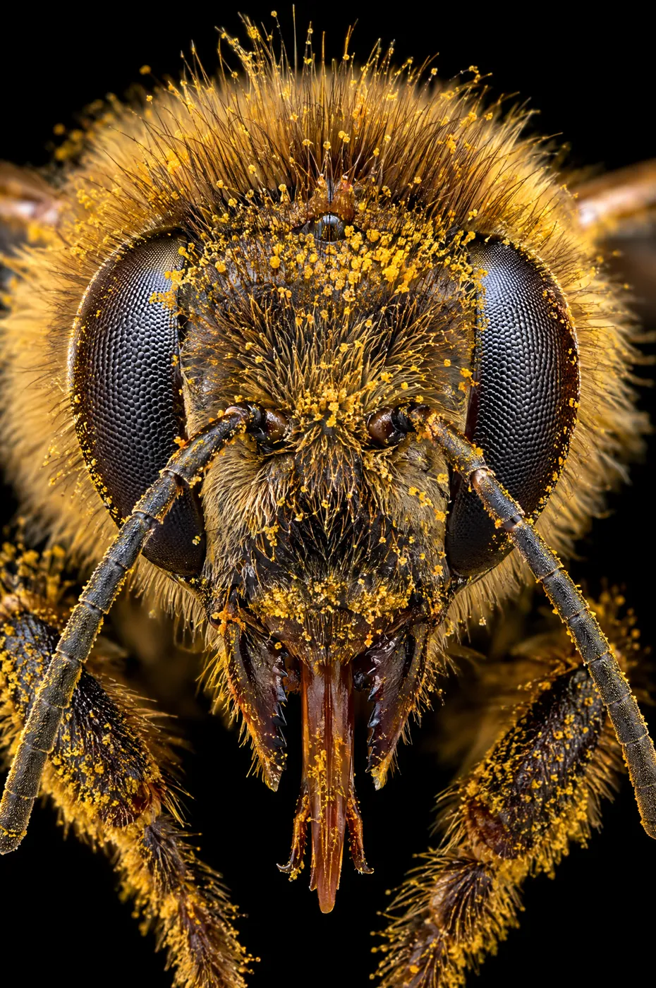 Extreme close-up of a honeybee's face dusted with pollen