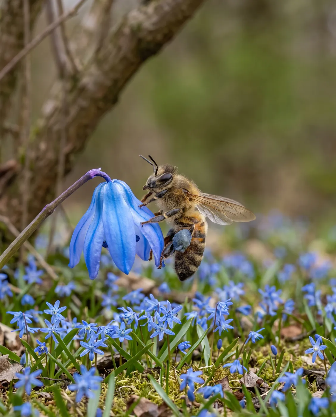 Honeybee visiting a blue Siberian squill flower