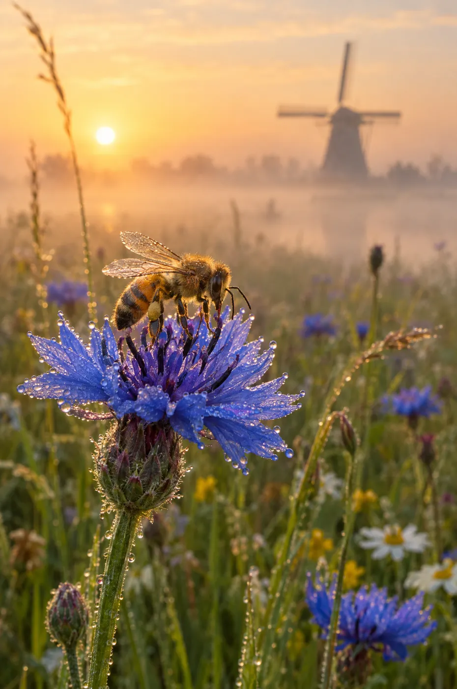 Honeybee on a dewy cornflower with a Dutch windmill at sunrise